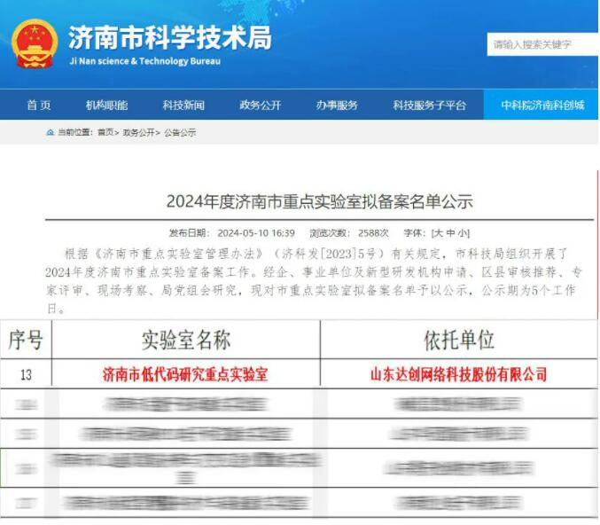 达创科技成功入选2024年度济南市重点实验室名单